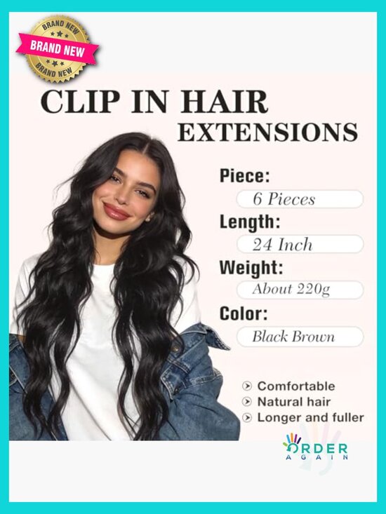 24 Inch Wavy Curly Clip In Hair Extensions Synthetic 6 Pieces Long Volume main image 6